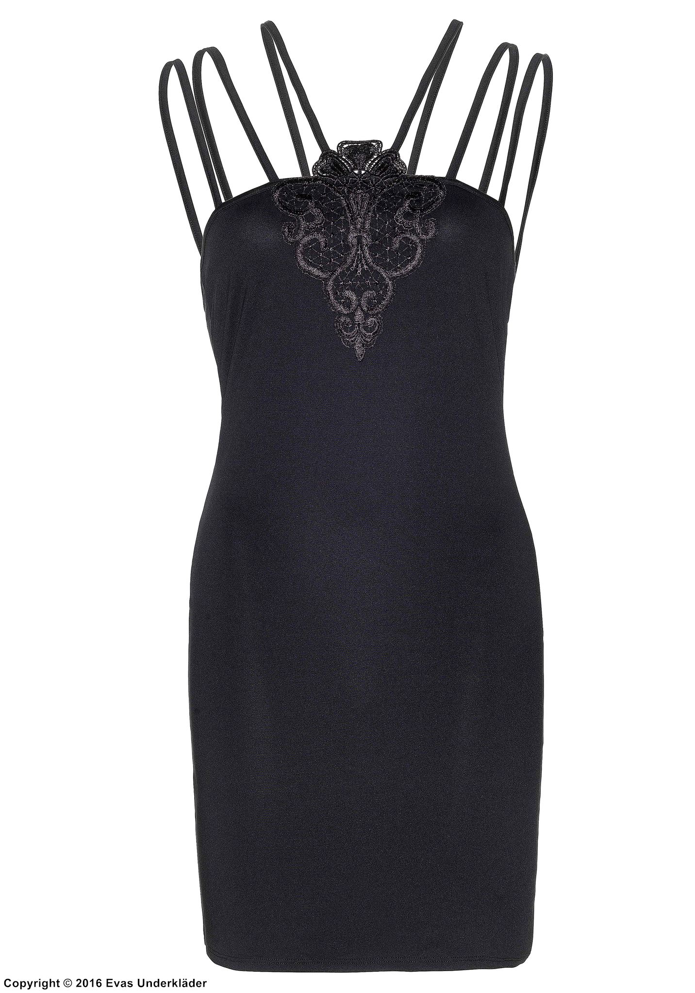 Mini dress, thin shoulder straps, lace embroidery